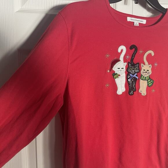 Mercer Street Studio Shirt Women Extra Large Red Christmas Cats Applique Holiday - Picture 3 of 13